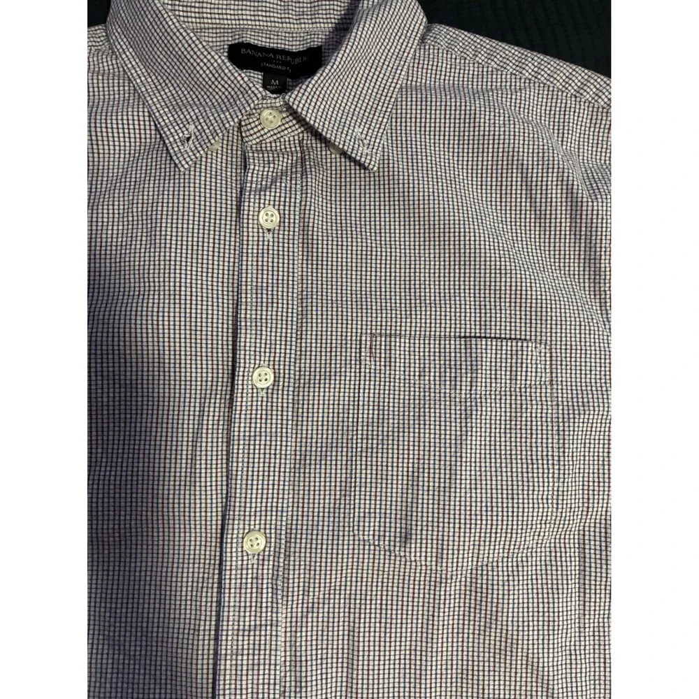 Banana Republic Mens Standard Fit Short Sleeve Button Down Shirt Red Blue Check